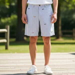 Vineyard Vines Kentucky Derby Breaker Shorts Men's 30 Blue Seersucker Whale